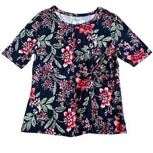 Croft & Barrow Women's XL Floral Navy Red Cinched Trim Twist-Front Top